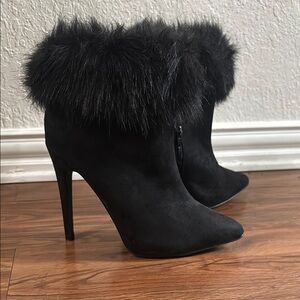 Black Suede Heeled Boots with Fur Trim